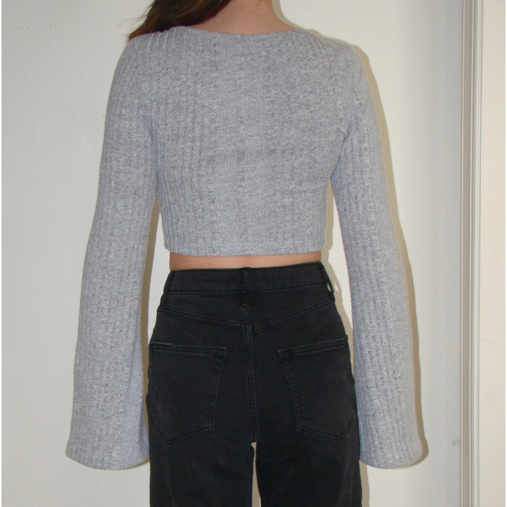 light grey, bell bottom sleeves, cropped